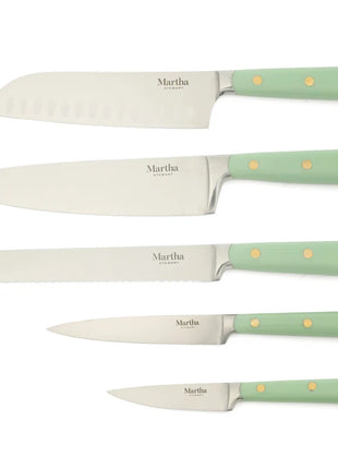 16 Piece Lockton High Carbob Stainless Steel Cutlery Kitchen Knife Block Set W/ ABS Tripe Riveted Forged Handle Acacia Wood Block - Sage Green W/ Gold