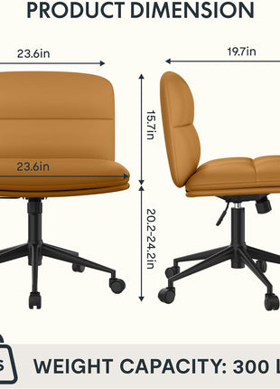 Cross Legged Office Chair for Vanity Desk Criss Cross Chair with Wheels Armless Office Chair Vanity Chair Comfy Wide Seat Cushion PU Leather(Brown)