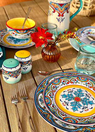 Zanzibar Double Bowl 16-Piece Dinnerware Set | Fine Kitchenware | Floral Multicolor Design Stoneware Tableware Service for 4