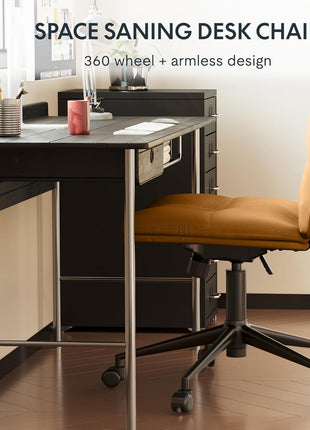 Cross Legged Office Chair for Vanity Desk Criss Cross Chair with Wheels Armless Office Chair Vanity Chair Comfy Wide Seat Cushion PU Leather(Brown)