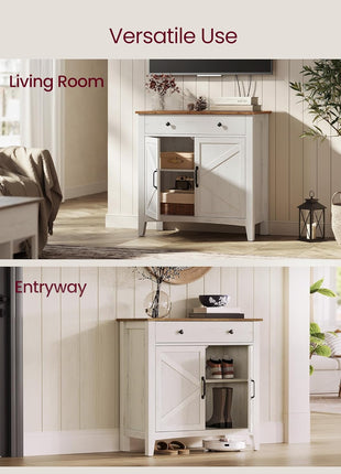 Coffee Bar Cabinet, Kitchen Storage Cabinet with a Drawer, Farmhouse Cabinet Sideboard with Adjustable Shelf for Kitchen, Rustic White and Honey Brown UBBK341W01