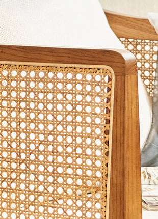 Fabric Accent Chair, Vintage Rattan Vanity Chair with Wood Armrest and Legs for Living Room Bedroom