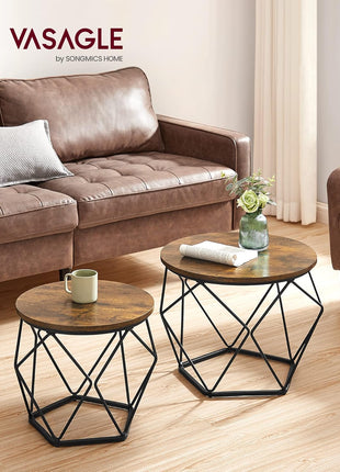 Small Coffee Table Set of 2, round Coffee Table with Steel Frame, Side End Table for Living Room, Bedroom, Office, Rustic Brown and Ink Black ULET040B01V1