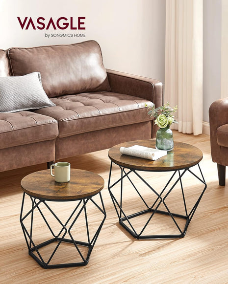 Small Coffee Table Set of 2, round Coffee Table with Steel Frame, Side End Table for Living Room, Bedroom, Office, Rustic Brown and Ink Black ULET040B01V1