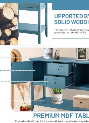 Buffet Sideboard, with 2 Wood Storage Drawers & Open Shelf, Console Table for Living Room Kitchen Dining Room Furniture (Blue)