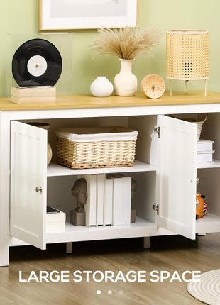 Sideboard Buffet Storage Cabinet, Coffee Bar Cabinet with Natural Wood Effect Top, 3 Doors and 2 Adjustable Shelves, White