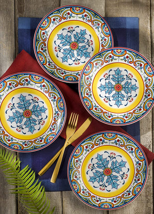 Zanzibar Double Bowl 16-Piece Dinnerware Set | Fine Kitchenware | Floral Multicolor Design Stoneware Tableware Service for 4