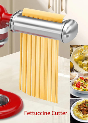 Pasta Maker Attachments for Kitchenaid Mixers, 3-Pieces Pasta Accessories Included Stainless Steel Dough Sheet Roller, Fettuccine Cutter, Spaghetti Cutter and Cleaning Brush