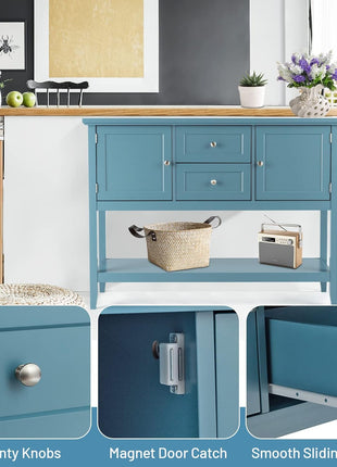 Buffet Sideboard, with 2 Wood Storage Drawers & Open Shelf, Console Table for Living Room Kitchen Dining Room Furniture (Blue)