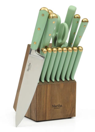 16 Piece Lockton High Carbob Stainless Steel Cutlery Kitchen Knife Block Set W/ ABS Tripe Riveted Forged Handle Acacia Wood Block - Sage Green W/ Gold