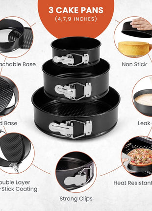 100Pcs Cake Pan Sets for Baking + Cake Decorating Supplies: 3 Non-Stick Springform Pans Set (4, 7, 9 Inches), Icing Tips, Cake Leveler – Multi-Functional Leak-Proof Cheesecake Pan & Ebook