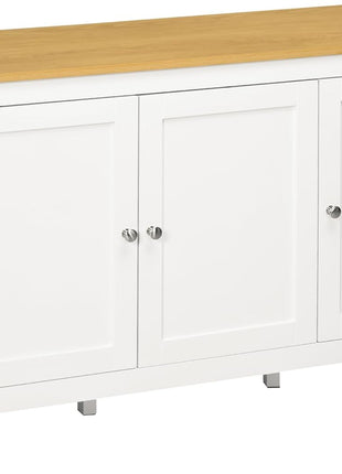 Sideboard Buffet Storage Cabinet, Coffee Bar Cabinet with Natural Wood Effect Top, 3 Doors and 2 Adjustable Shelves, White