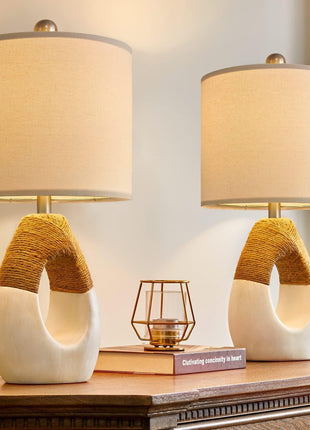 Boho Table Lamps Bedroom Living Room Set 2 Small Farmhouse Rattan Table Lamp 19”Rustic Home Decoration Nightstand Bedside Lamp for Office Compatible with Smart Light Bulbs(Not Include Bulbs)