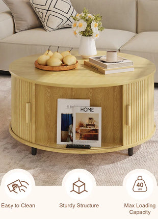 31.5" Modern round Coffee Table with 360° Curved Sliding Door.