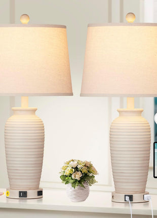 25" Farmhouse Jar Table Lamps Set of 2, 3 Way Touch Control Rustic Bedside Lamps with USB A+C Ports & AC Outlet, Pot Nightstand Lamps for Bedroom Living Room (LED Bulbs Included)