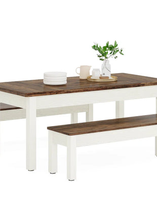 3 Piece Farmhouse Wood Dining Table Set with 2 Benches