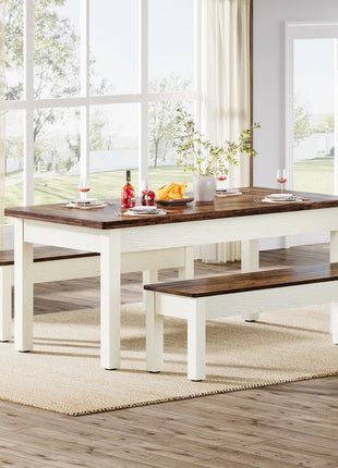 3 Piece Farmhouse Wood Dining Table Set with 2 Benches