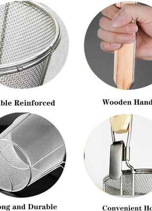 2 Pieces Pasta Strainer Basket Stainless Steel Fine Mesh Pasta Strainer Basket with Wooden Handle Good for Boiling Food Spaghetti Dumpling (Dia 5.5Inch/14Cm)