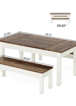3 Piece Farmhouse Wood Dining Table Set with 2 Benches