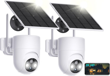 Solar Security Cameras Wireless Outdoor, 2K Outdoor Security Camera, 360° PTZ Camera Surveillance Exterieur, 4X Zoom, Battery Powered, 2.4Ghz Wifi Solar Camera, PIR Motion Detection, 2 Pack