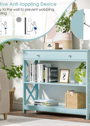 Console Table with Drawer and Storage Shelves, Narrow Sofa Table for Living Room, Easy Assembly, 3-Tier Entryway Table with Storage for Hallway (Green)