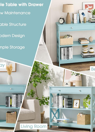 Console Table with Drawer and Storage Shelves, Narrow Sofa Table for Living Room, Easy Assembly, 3-Tier Entryway Table with Storage for Hallway (Green)