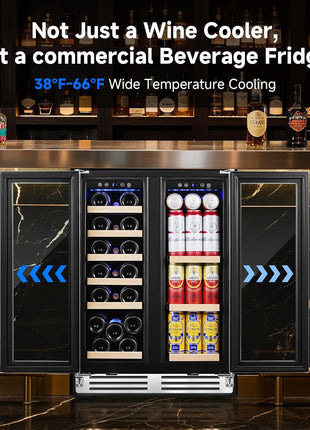 Wine and Beverage Refrigerator, 24 Inch Dual Zone Wine Cooler with Glass Door Hold 20 Bottles and 62 Cans, Freestanding or under Counter Wine Fridge with LED Ligh.