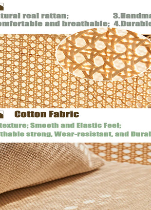 Fabric Accent Chair, Vintage Rattan Vanity Chair with Wood Armrest and Legs for Living Room Bedroom