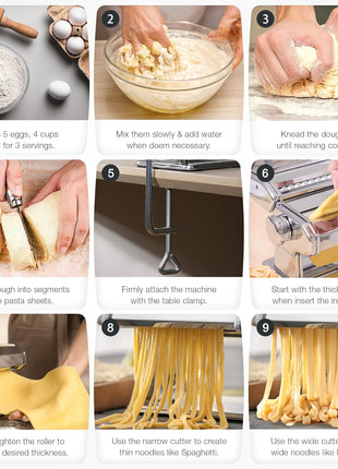 Pasta Maker, 9 Adjustable Thickness Settings 2-In-1 Pasta Machine with Rollers and Cutter, Noodle Maker for Pasta, Dumpling Skin, Spaghetti, Fettuccini, Lasagna