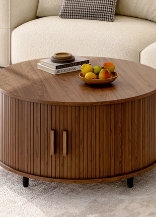 31.5" Modern round Coffee Table with 360° Curved Sliding Door.