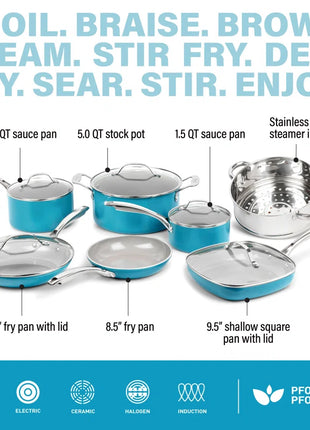 Aqua Blue 12 Piece Nonstick Ceramic Cookware Set, Oven & Dishwasher Safe