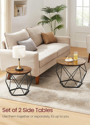 Small Coffee Table Set of 2, round Coffee Table with Steel Frame, Side End Table for Living Room, Bedroom, Office, Rustic Brown and Ink Black ULET040B01V1