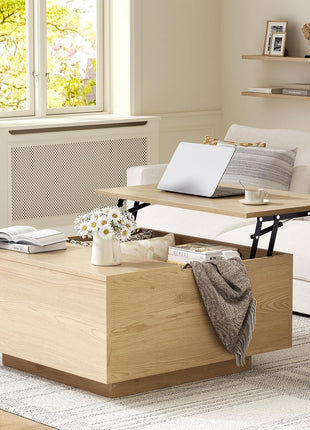 Lift Top Coffee Table, Wood Square Coffee Table with Storage, Farmhouse Coffee Tables with Hidden Storage Compartment, Center Table with Lifting Tabletop for Living Room, Home Office, Natural