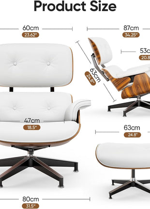 Mid-Century Chaise Lounge Chair and Ottoman for Living Room and Office with PU Leather and Strong Metal Base Support, 105° Fixed Tilting Angle of Back Rest Ergonomic Lumbar Support