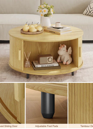 31.5" Modern round Coffee Table with 360° Curved Sliding Door.