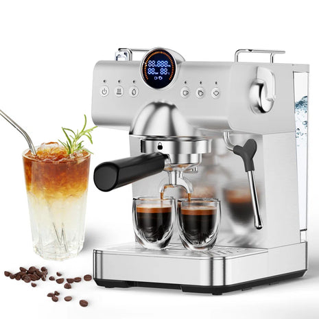 Pro Silver Espresso Machine: Cold Brew, Frother Wand, Led Display - Perfect for Home/Office!