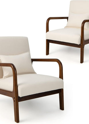 Set of 2 Modern Accent Chair with Pillow - Comfy Upholstered Lounge Armchair with Anti-Slip Felt Pads, Wooden Frame Soft Padded Arm Chairs for Living Room, Bedroom, Study, Beige