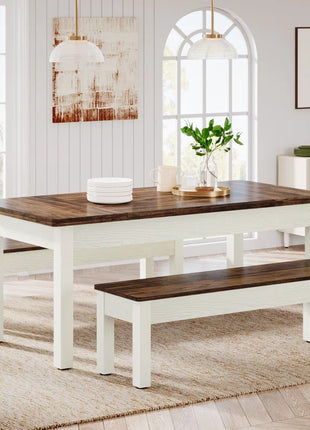 3 Piece Farmhouse Wood Dining Table Set with 2 Benches