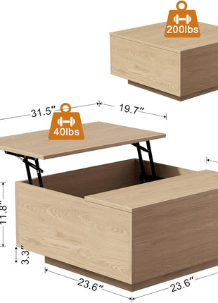 Lift Top Coffee Table, Wood Square Coffee Table with Storage, Farmhouse Coffee Tables with Hidden Storage Compartment, Center Table with Lifting Tabletop for Living Room, Home Office, Natural