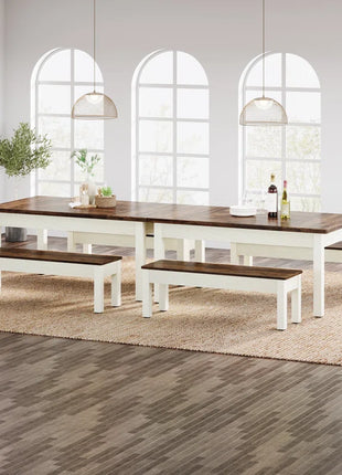 3 Piece Farmhouse Wood Dining Table Set with 2 Benches