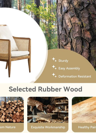 Fabric Accent Chair, Vintage Rattan Vanity Chair with Wood Armrest and Legs for Living Room Bedroom