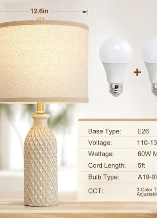 Ceramic Table Lamps Set of 2, Farmhouse 24.8" Bedside Lamps with 3-Color Temperature, Modern Nightstand Lamp Desk Reading Lamp with Fabric Drum Shade for Bedroom, Living Room, Office, 2 Bulbs Included