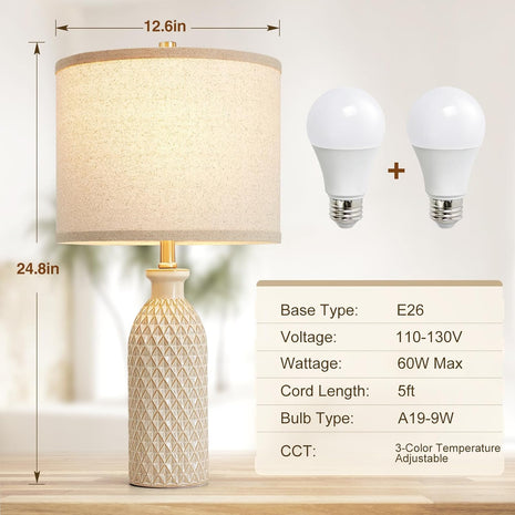 Ceramic Table Lamps Set of 2, Farmhouse 24.8" Bedside Lamps with 3-Color Temperature, Modern Nightstand Lamp Desk Reading Lamp with Fabric Drum Shade for Bedroom, Living Room, Office, 2 Bulbs Included