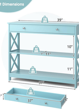 Console Table with Drawer and Storage Shelves, Narrow Sofa Table for Living Room, Easy Assembly, 3-Tier Entryway Table with Storage for Hallway (Green)