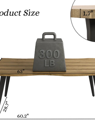 Shivani 63" Rectangle Live Edge Dining Table for 6 with Metal Base for Dining Room, Kitchen, Restaurant