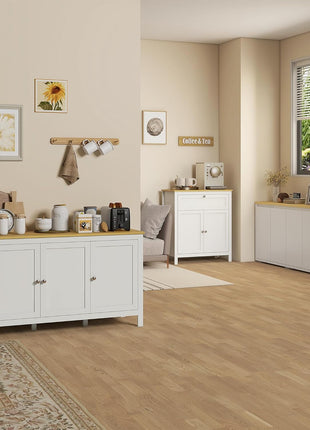 Sideboard Buffet Storage Cabinet, Coffee Bar Cabinet with Natural Wood Effect Top, 3 Doors and 2 Adjustable Shelves, White